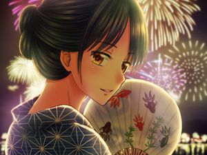 Preview wallpaper girl, kimono, fan, firework, holiday, anime