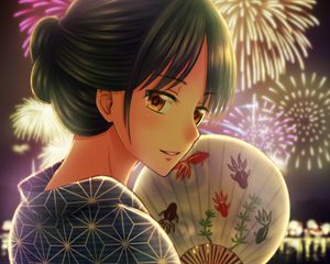 Preview wallpaper girl, kimono, fan, firework, holiday, anime