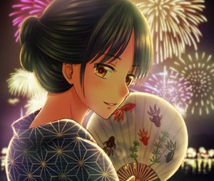 Preview wallpaper girl, kimono, fan, firework, holiday, anime
