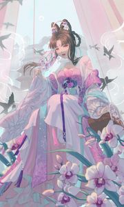 Preview wallpaper girl, kimono, fan, glance, anime
