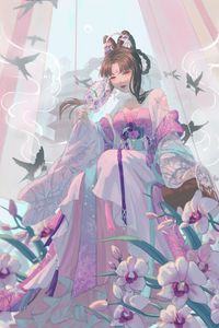 Preview wallpaper girl, kimono, fan, glance, anime