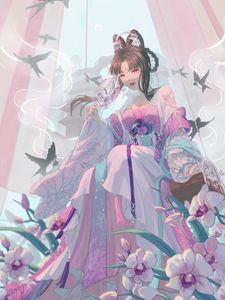 Preview wallpaper girl, kimono, fan, glance, anime