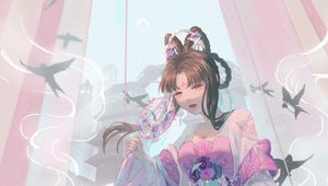 Preview wallpaper girl, kimono, fan, glance, anime