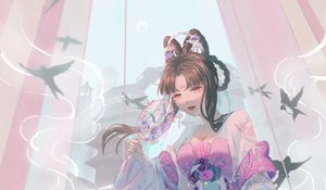 Preview wallpaper girl, kimono, fan, glance, anime