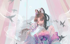 Preview wallpaper girl, kimono, fan, glance, anime