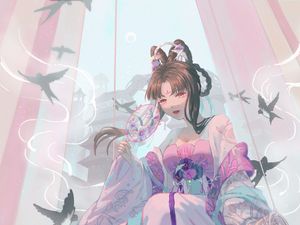 Preview wallpaper girl, kimono, fan, glance, anime