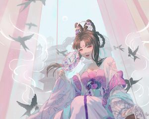 Preview wallpaper girl, kimono, fan, glance, anime