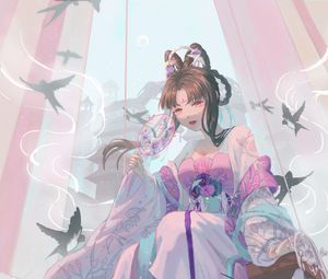 Preview wallpaper girl, kimono, fan, glance, anime