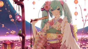 Preview wallpaper girl, kimono, fan, smile, moon, lantern