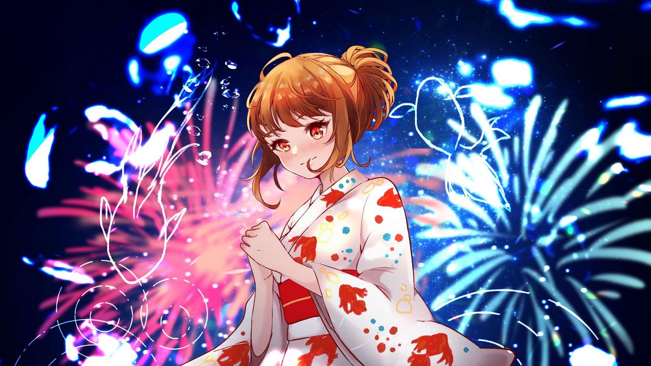 Wallpaper girl, kimono, fireworks, sparks, anime, art