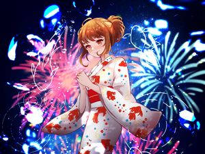 Preview wallpaper girl, kimono, fireworks, sparks, anime, art