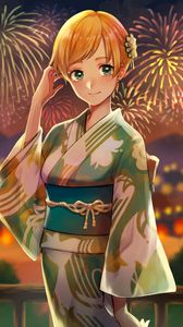 Preview wallpaper girl, kimono, fireworks, holiday, anime, art