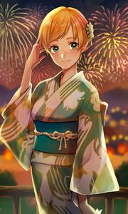 Preview wallpaper girl, kimono, fireworks, holiday, anime, art