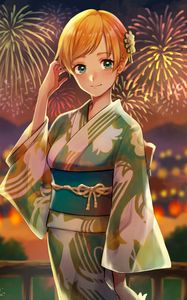 Preview wallpaper girl, kimono, fireworks, holiday, anime, art