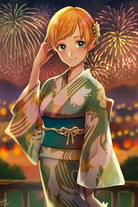 Preview wallpaper girl, kimono, fireworks, holiday, anime, art