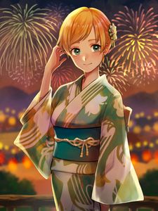 Preview wallpaper girl, kimono, fireworks, holiday, anime, art