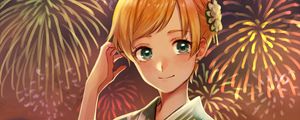 Preview wallpaper girl, kimono, fireworks, holiday, anime, art