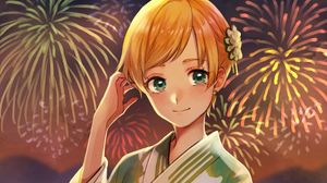 Preview wallpaper girl, kimono, fireworks, holiday, anime, art