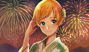 Preview wallpaper girl, kimono, fireworks, holiday, anime, art