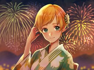 Preview wallpaper girl, kimono, fireworks, holiday, anime, art