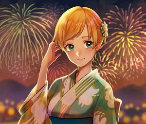 Preview wallpaper girl, kimono, fireworks, holiday, anime, art