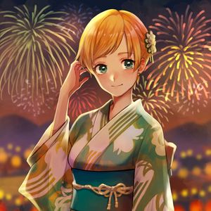 Preview wallpaper girl, kimono, fireworks, holiday, anime, art