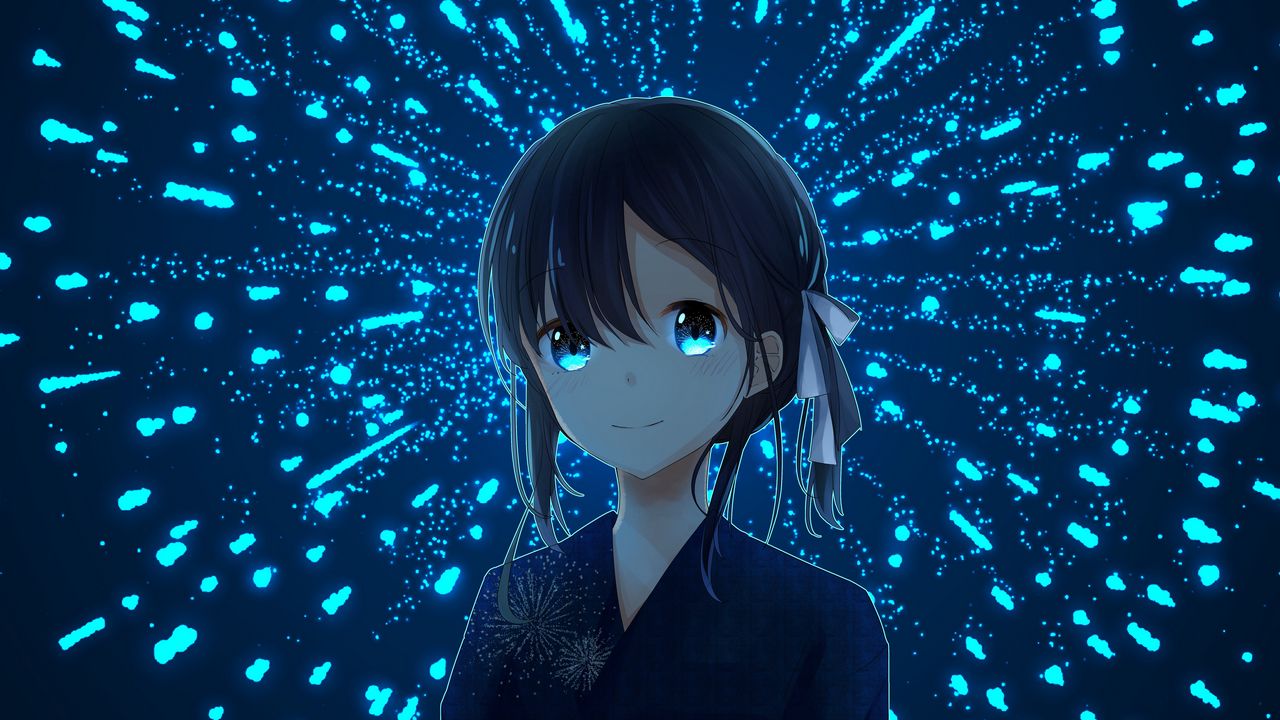 Wallpaper girl, kimono, fireworks, sparks, anime, art, blue