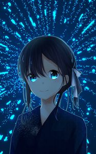 Preview wallpaper girl, kimono, fireworks, sparks, anime, art, blue