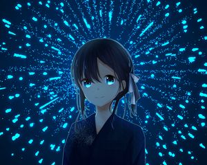 Preview wallpaper girl, kimono, fireworks, sparks, anime, art, blue