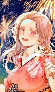 Preview wallpaper girl, kimono, fireworks, sparks, holiday, anime