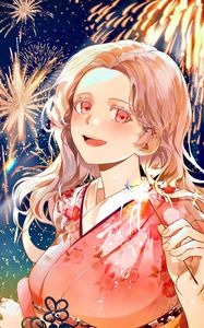 Preview wallpaper girl, kimono, fireworks, sparks, holiday, anime