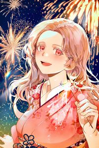 Preview wallpaper girl, kimono, fireworks, sparks, holiday, anime