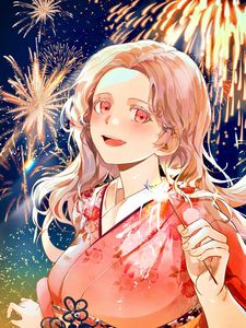 Preview wallpaper girl, kimono, fireworks, sparks, holiday, anime