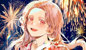 Preview wallpaper girl, kimono, fireworks, sparks, holiday, anime