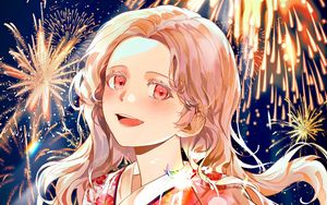 Preview wallpaper girl, kimono, fireworks, sparks, holiday, anime