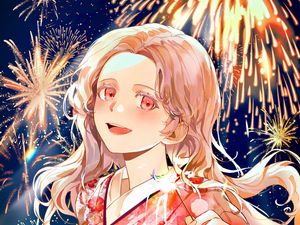 Preview wallpaper girl, kimono, fireworks, sparks, holiday, anime