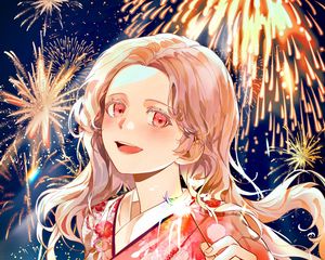 Preview wallpaper girl, kimono, fireworks, sparks, holiday, anime