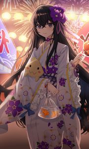 Preview wallpaper girl, kimono, fireworks, holiday, anime