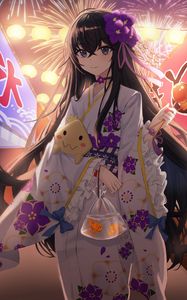 Preview wallpaper girl, kimono, fireworks, holiday, anime