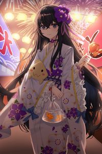 Preview wallpaper girl, kimono, fireworks, holiday, anime