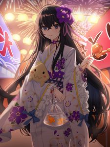 Preview wallpaper girl, kimono, fireworks, holiday, anime