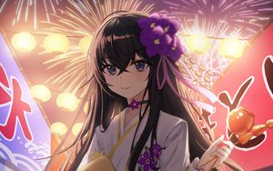 Preview wallpaper girl, kimono, fireworks, holiday, anime