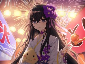 Preview wallpaper girl, kimono, fireworks, holiday, anime
