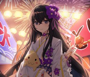 Preview wallpaper girl, kimono, fireworks, holiday, anime