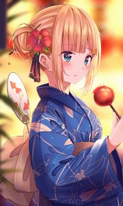 Preview wallpaper girl, kimono, flower, dessert, holiday