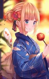 Preview wallpaper girl, kimono, flower, dessert, holiday