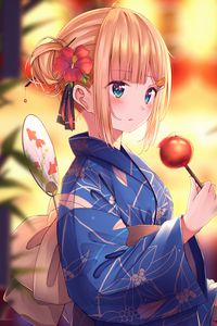 Preview wallpaper girl, kimono, flower, dessert, holiday