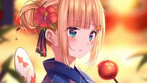 Preview wallpaper girl, kimono, flower, dessert, holiday