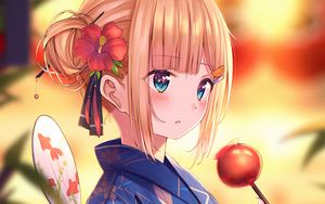 Preview wallpaper girl, kimono, flower, dessert, holiday