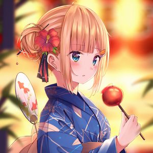 Preview wallpaper girl, kimono, flower, dessert, holiday